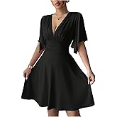 BEAUDRM Women's Deep V Neck Ruffle Short Dress Short Sleeve Flowy Cocktail Party Mini Dresses