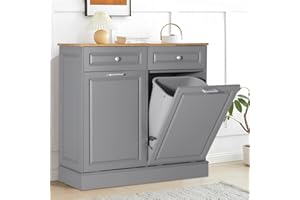 Anbuy Double Kitchen Trash Cabinets Dual Tilt Out Trash Cabinet with Two Solid Wood Hideaway Trash Holder Drawers, Free Standing Recycling Cabinet Trash Can Holder (Dual Gray)