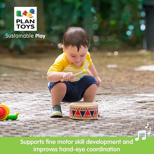PlanToys® Solid Drum Wooden Musical Toy for Toddlers Pretend