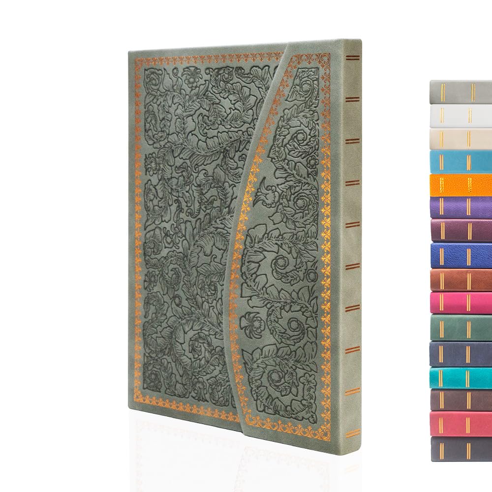 VICTORIA'S JOURNALS Magnet Journal, Carving Vintage Notebook Faux Leather Hard Cover Personal Diary Lined Pages Ribbon Bookmark, 8'' x 5.7'', ONB2015, Gray