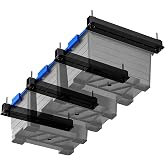 Demimy Overhead Garage Storage Racks, 17 Inch Ceiling Tote Rails, 4 Pack | Free up floor space with ceiling-mounted tote rails; 2-inch lid clearance; black powder-coated iron; hardware included