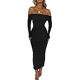 PRETTYGARDEN Women's Fall Off The Shoulder Maxi Dress Spring Long Sleeve Ruched Fitted Bodycon Club Dresses with Slit