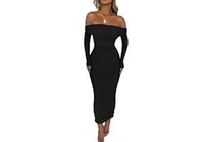 PRETTYGARDEN Women's Fall Off The Shoulder Maxi Dress Spring Long Sleeve Ruched Fitted Bodycon Club Dresses with Slit