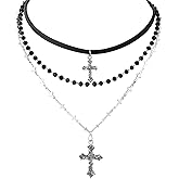 Dhdfisd Gothic Layered Cross Necklace Goth Black Bead Cross Leather Stack Choker Emo Grunge Necklace for Women Man