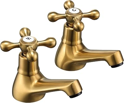 Wasserrhythm Basin Pillar Taps Twin Victorian Brushed Gold Brass Cross Levers