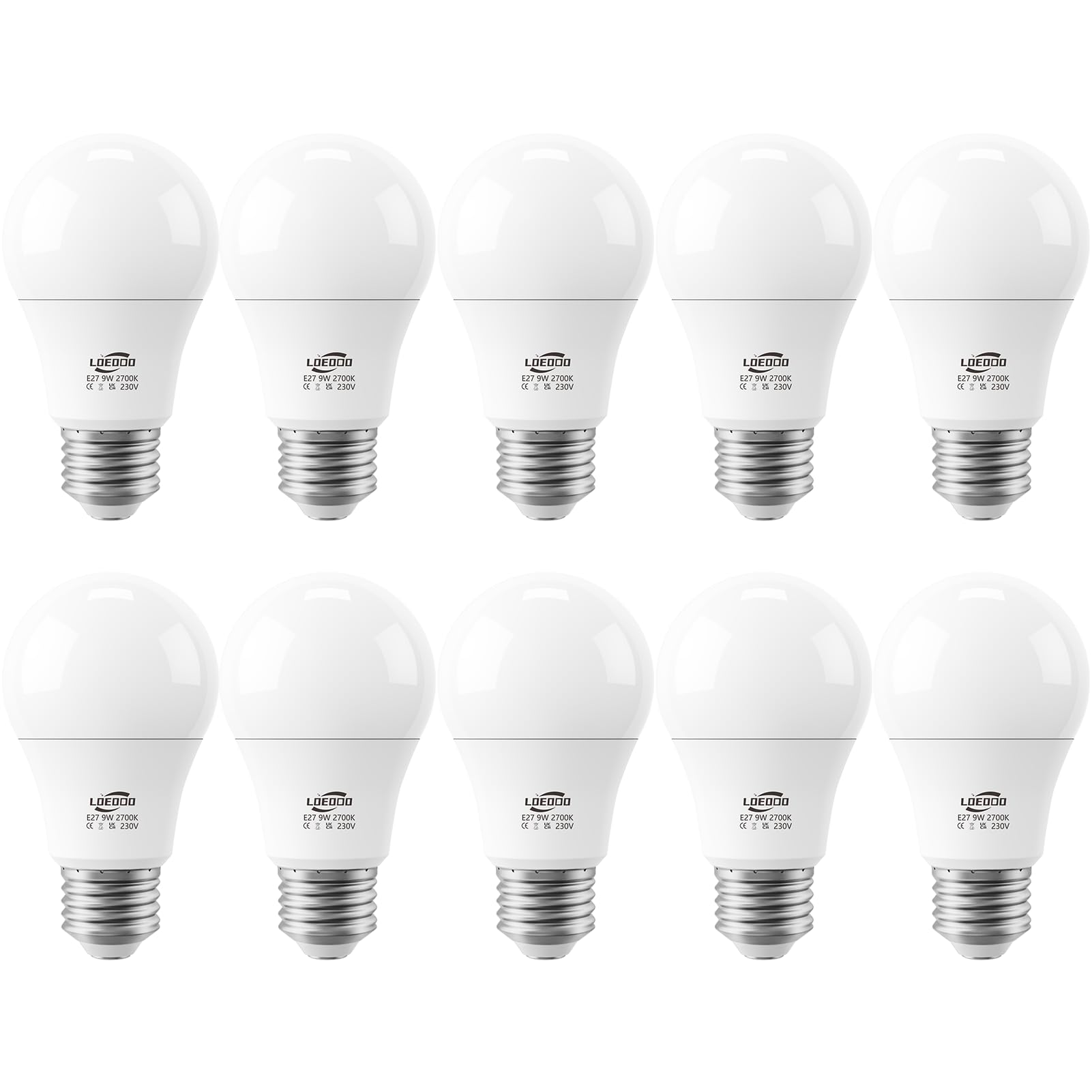 LOEODO 10-Pack E27 LED Screw Bulbs 60W Equivalent, 9W, 806 Lumens, 2700K Warm White, Large Screw Bulb, Non-Dimmable — image 1