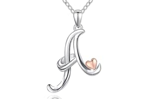 CELESTIA Sterling Silver Initial Necklaces 26 Letter Pendant with Rose Gold Heart - 18 Inch Chain