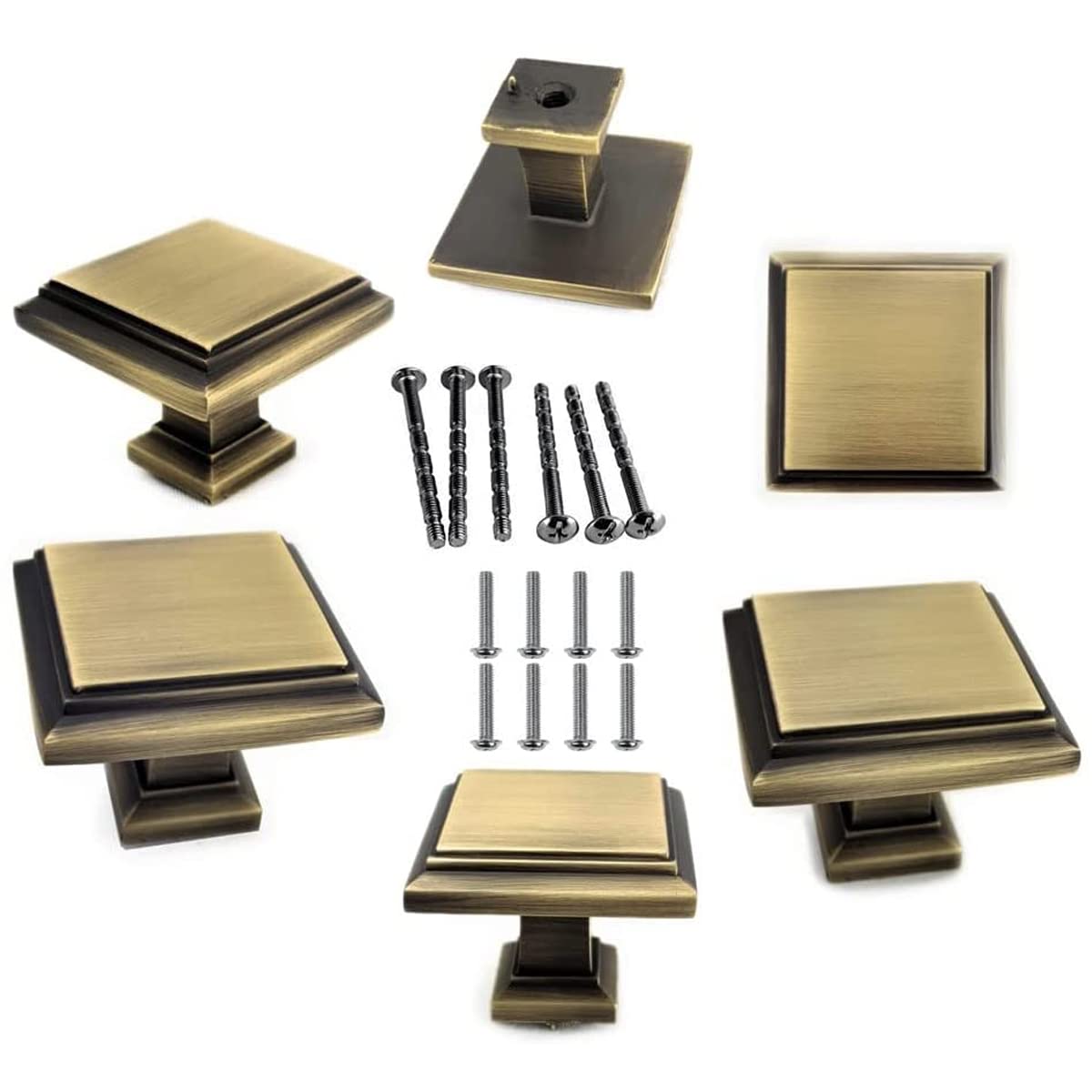 French Furniture Fittings Set of 6 Matt Antique Brass Art Deco Square Kitchen and Bedroom Furniture Knobs 32mm Square