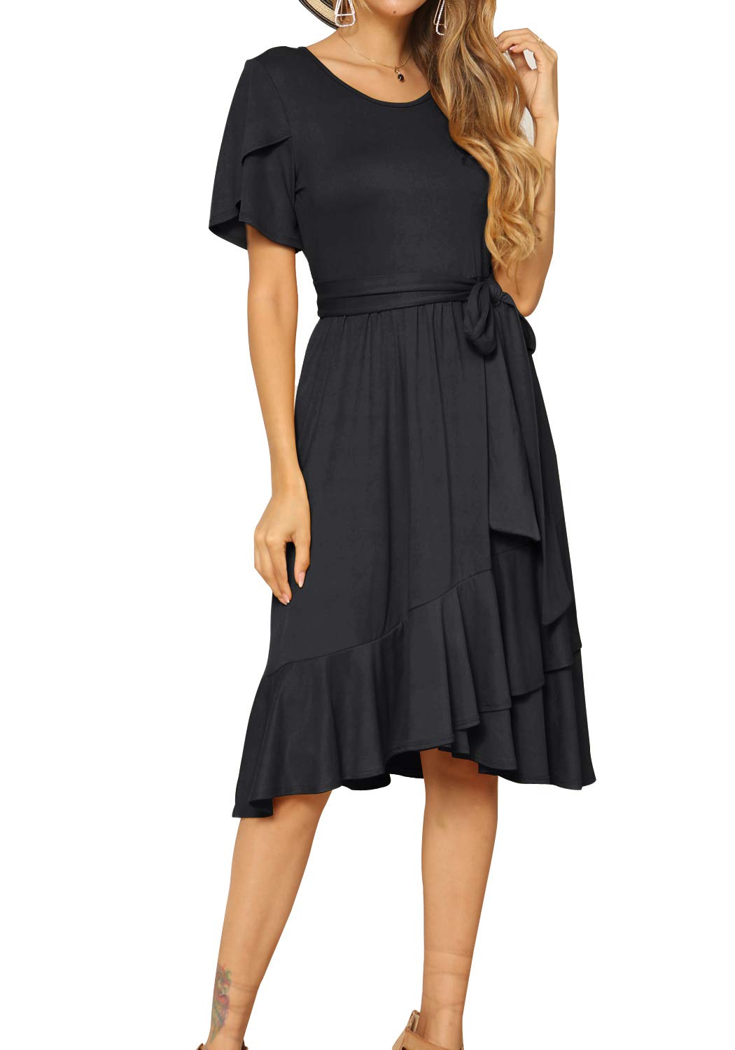 levaca women's plain casual flowy short sleeve midi dress with belt