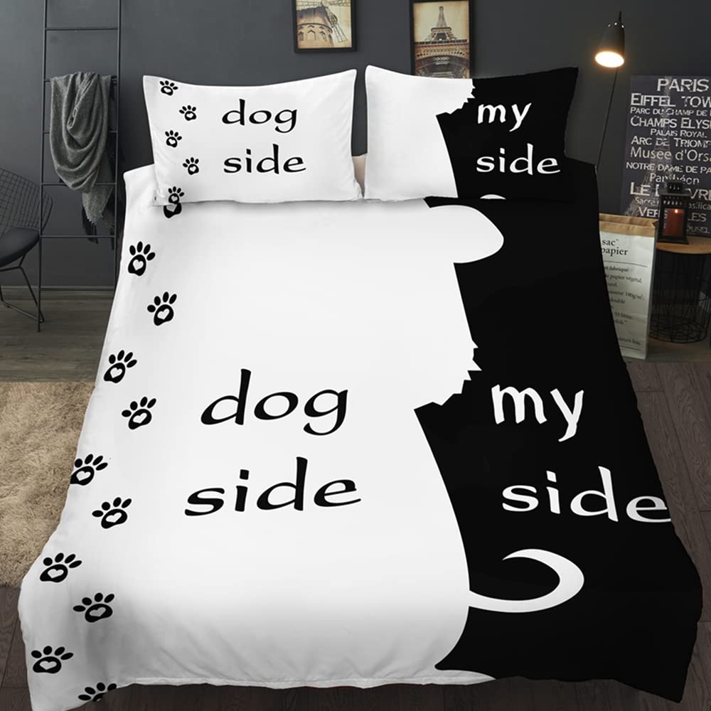 AOXHFNV Bed Linen Set from the Black and White Series Dog Side and My Side Motif Duvet Cover Couple Bedding Set Black White Double Bed (220×240cm, Dog Side)