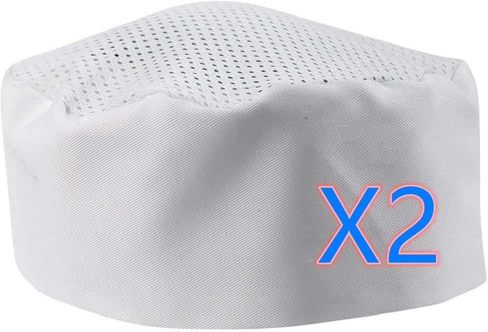 LEQC 2PC Set Chefs Hat Breathable Mesh Top Skull Cap Adjustable 2PC Black OR 2PC White (White): Clothing