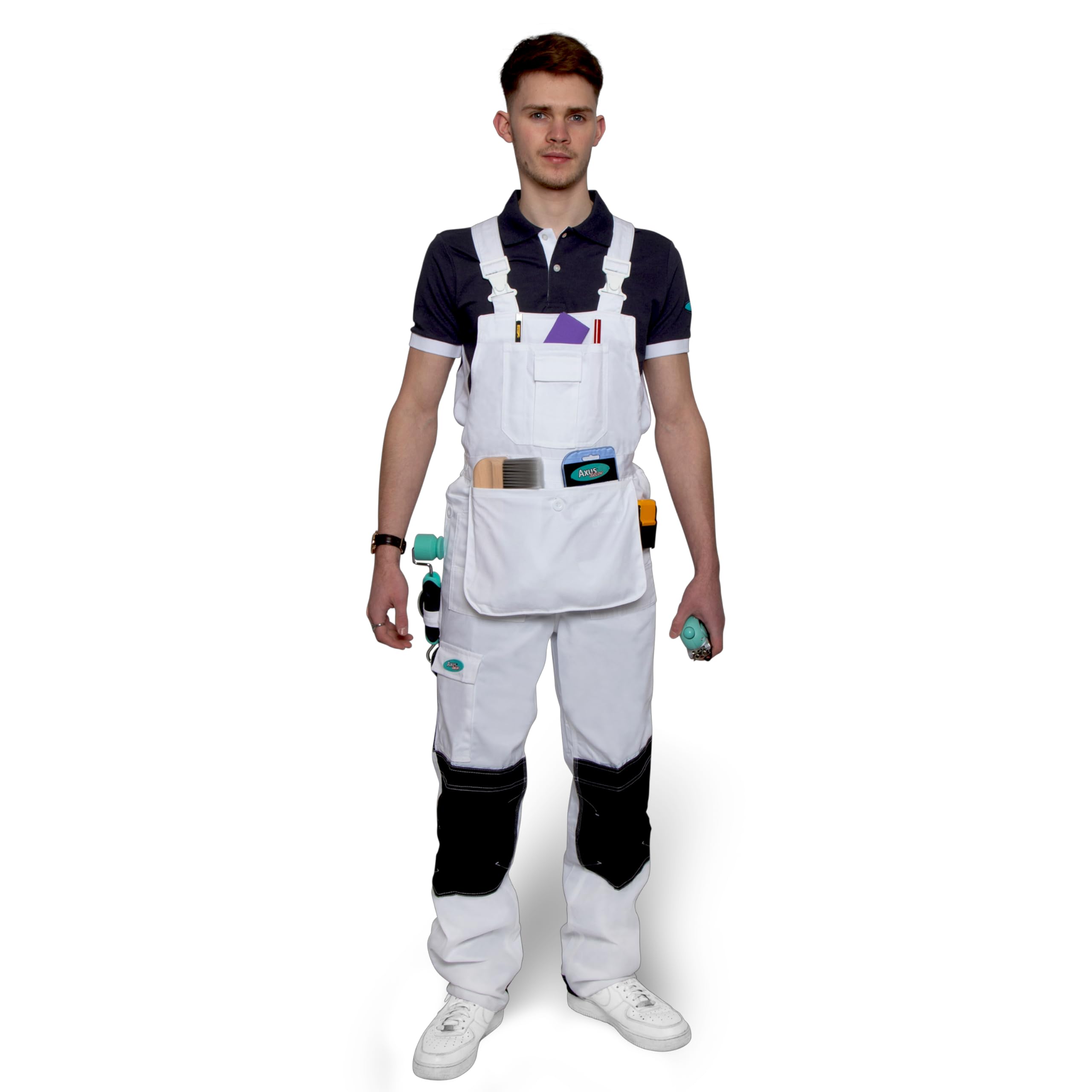Axus Decor Bib & Brace Overalls, Triple Stitched, White Decorators Overalls - Shrink Resistant & Comfortable Fabric, Multiple Pockets – Ideal for Painter & Other Workwear - Small