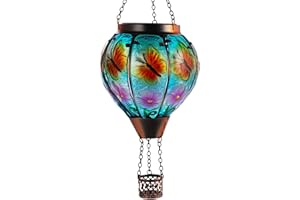 DREAMSKIP Butterfly Solar Hot Air Balloon Lantern Flickering Flame, Glass Hot Air Balloon Solar Lantern Outdoor Waterproof, Decorative Hanging Hot Air Balloon Solar Light for Outside Garden Patio Yard