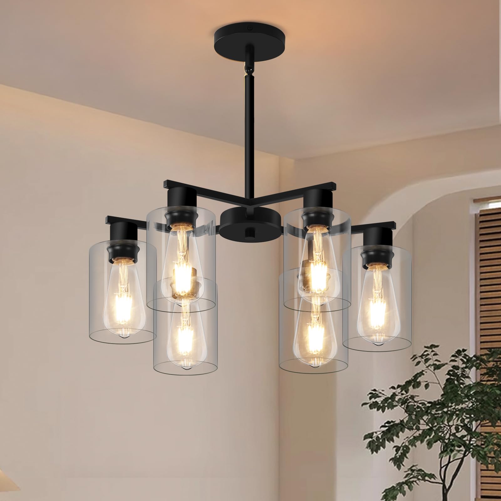 Photo 1 of KUSSCO 6-Light Modern Chandelier Farmhouse Black Chandeliers for Dining Room with Clear Glass Shades Adjustable Height Hanging Pendant Lights for Kitchen Island Living Room Entryway Foyer Bedroom