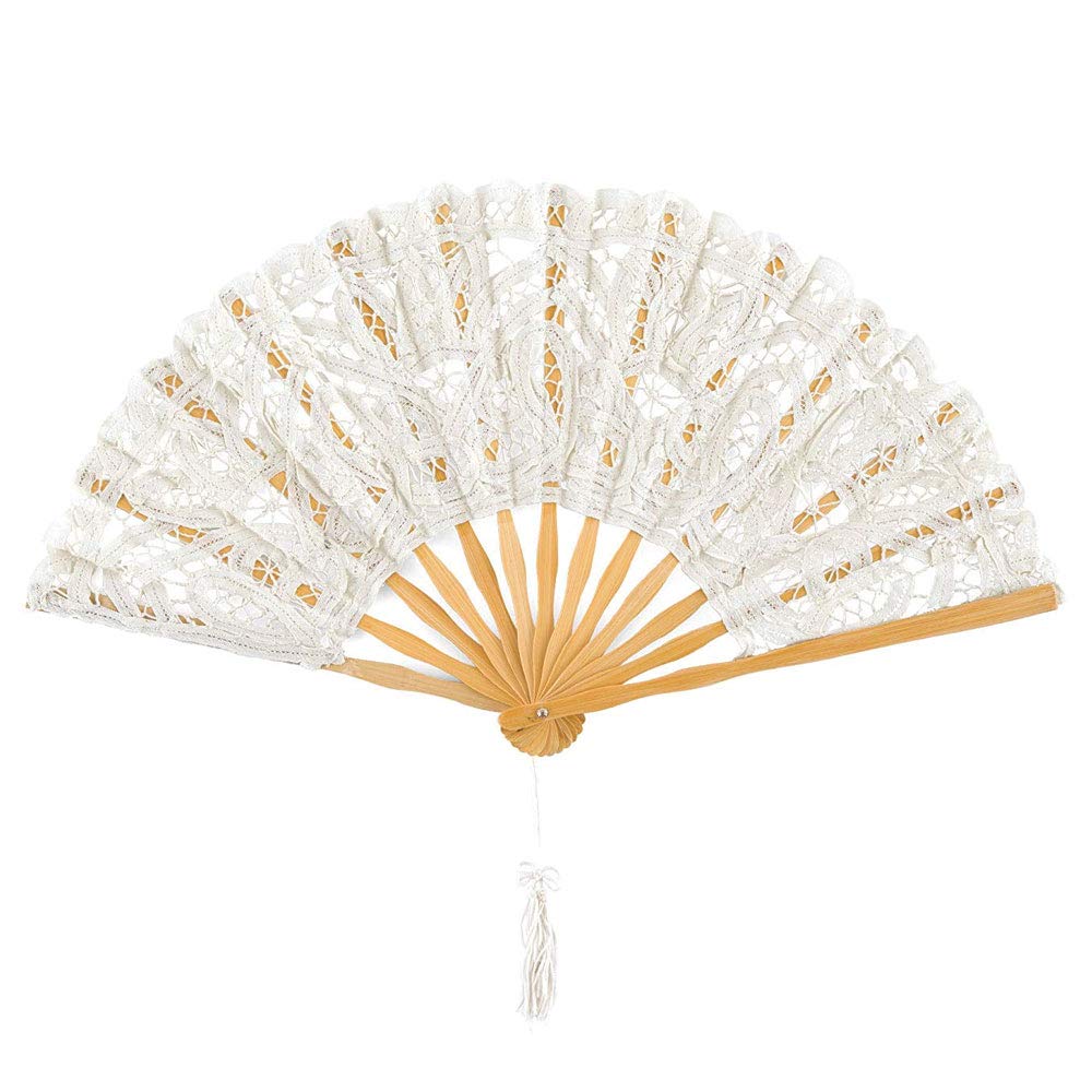 OLILLY Bridal Fan in lace, silk and bamboo – Ideal for your Wedding Day! (Large)