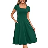 Annebouti Womens Spring Summer 2025 A-Line Square Neck Short Sleeve Semi-Formal Casual Work Midi Dress with Pockets