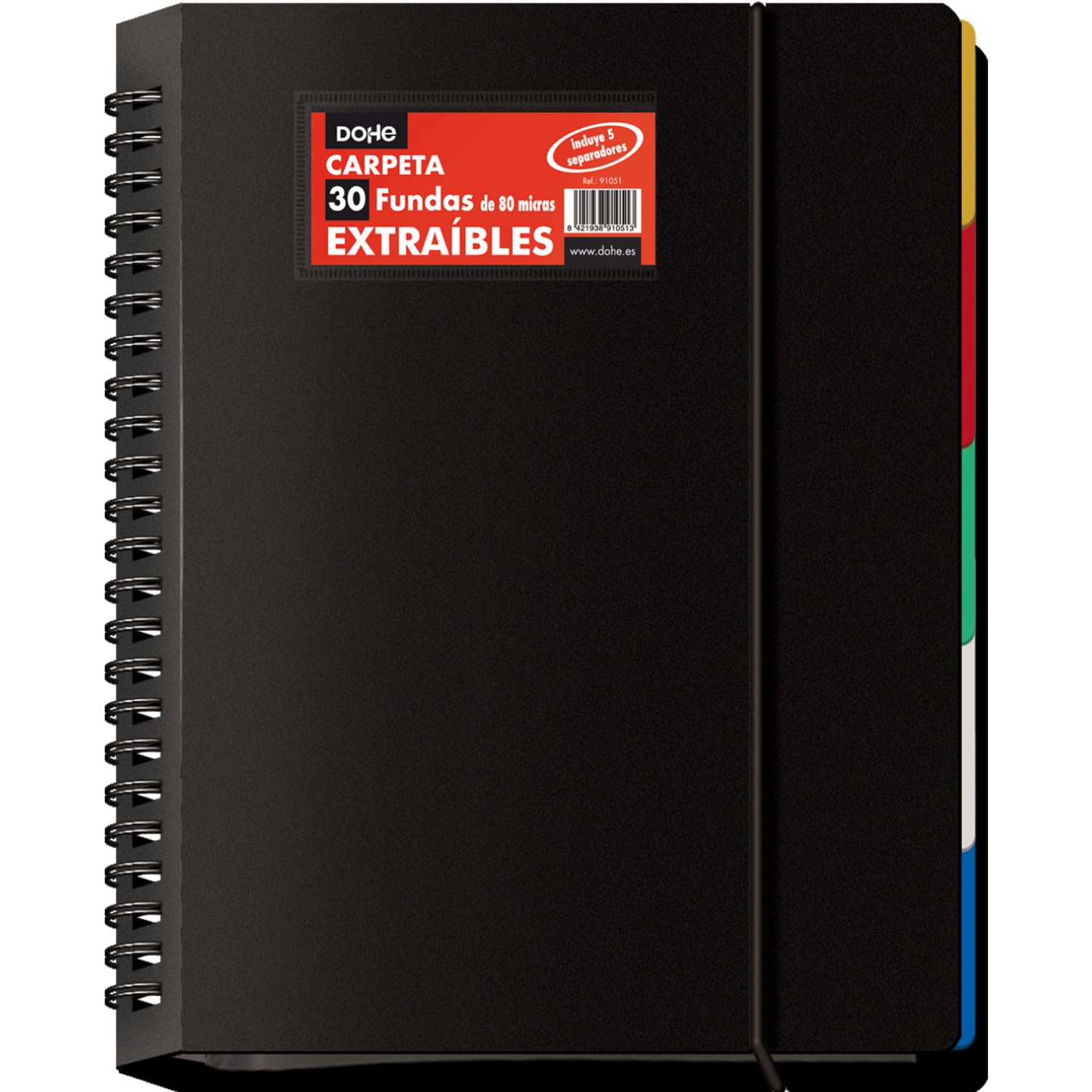 Dohe - Folder with 30 Removable Pockets, A4 (25 x 31 cm), disc Rings, 5 Coloured dividers, Elastic Rubber Closure, Office and School Supplies