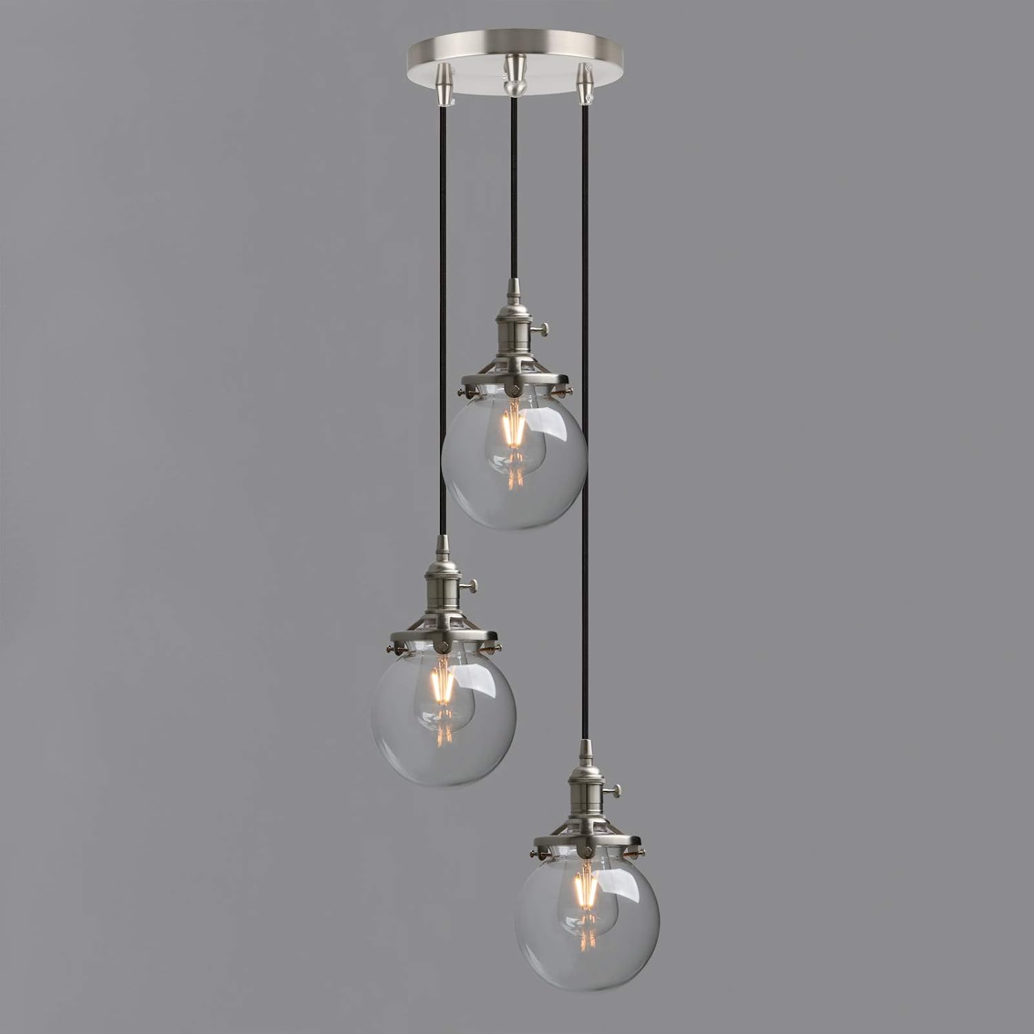Phansthy Vintage Industrial Pendant Lights with Switch 3 Lights Chandelier Flush Mount Light with Globe Glass Shade E27 Edison Hallway Light Fixtures Ceiling Hanging Lamps for Living Room (Brushed) - Image 3