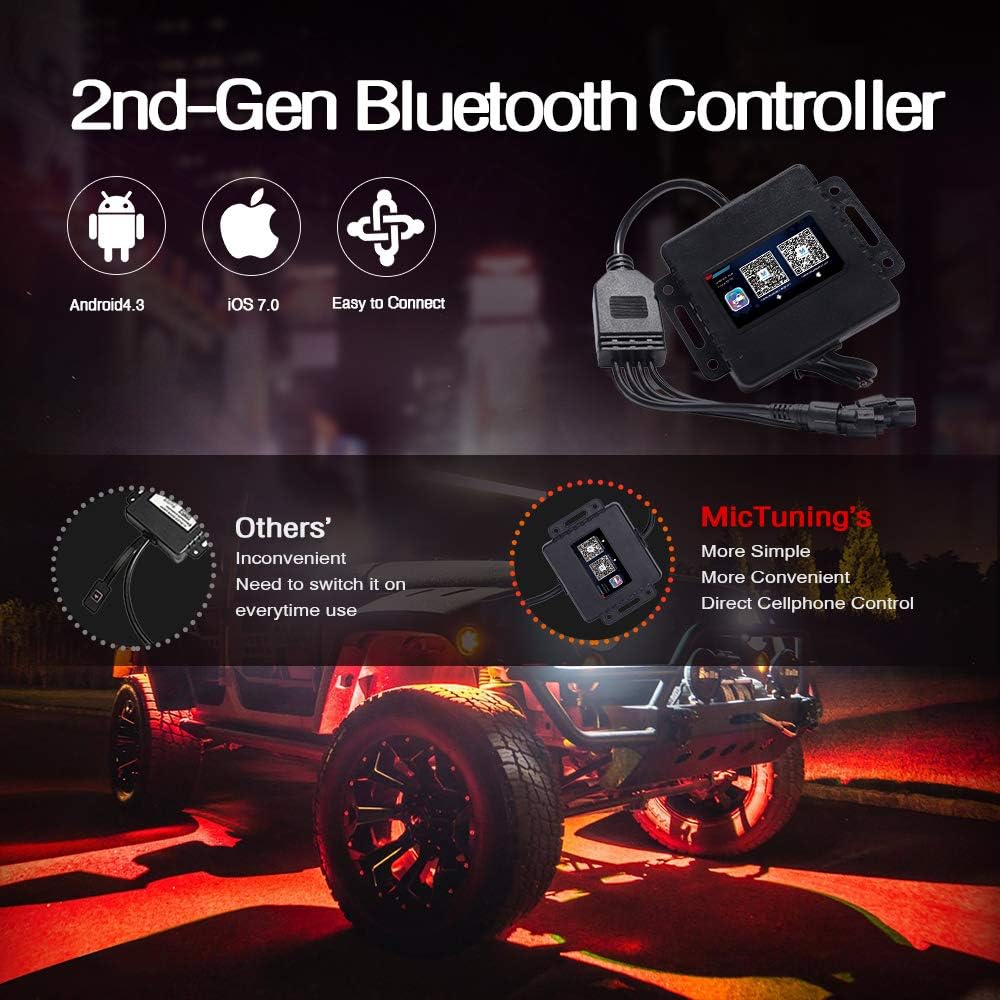 MICTUNING 2nd-Gen RGB LED Rock Lights with Bluetooth Controller, Timing Function, Music Mode - 4 Pods Multicolor Neon LED Light Kit: Automotive