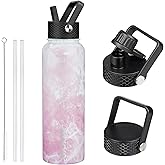 BJPKPK Insulated Water Bottles with Straw Lid, 40oz Stainless Steel Water Bottles with 3 Lids, BPA Free Leakproof Thermo, Tumblers, Cups for Sports, Gym- Blossom