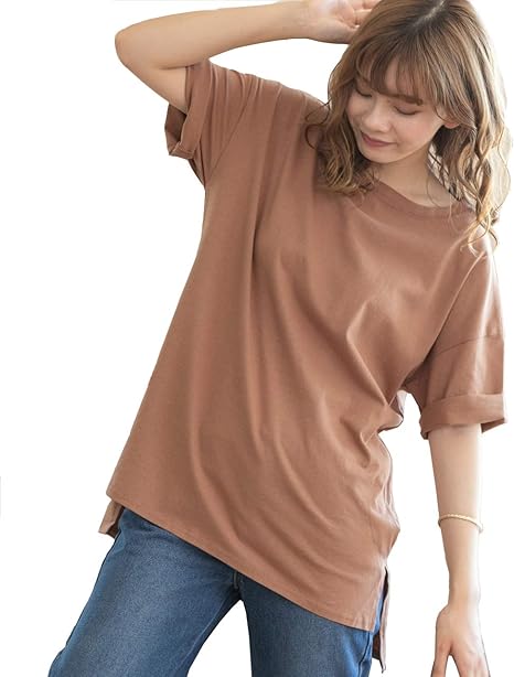 Amazon アドティエ オーバーサイズチュニックtシャツ レディース カット チュニック ゆったり サイドスリット トップス ｔシャツ ブラウン F Tシャツ カットソー 通販
