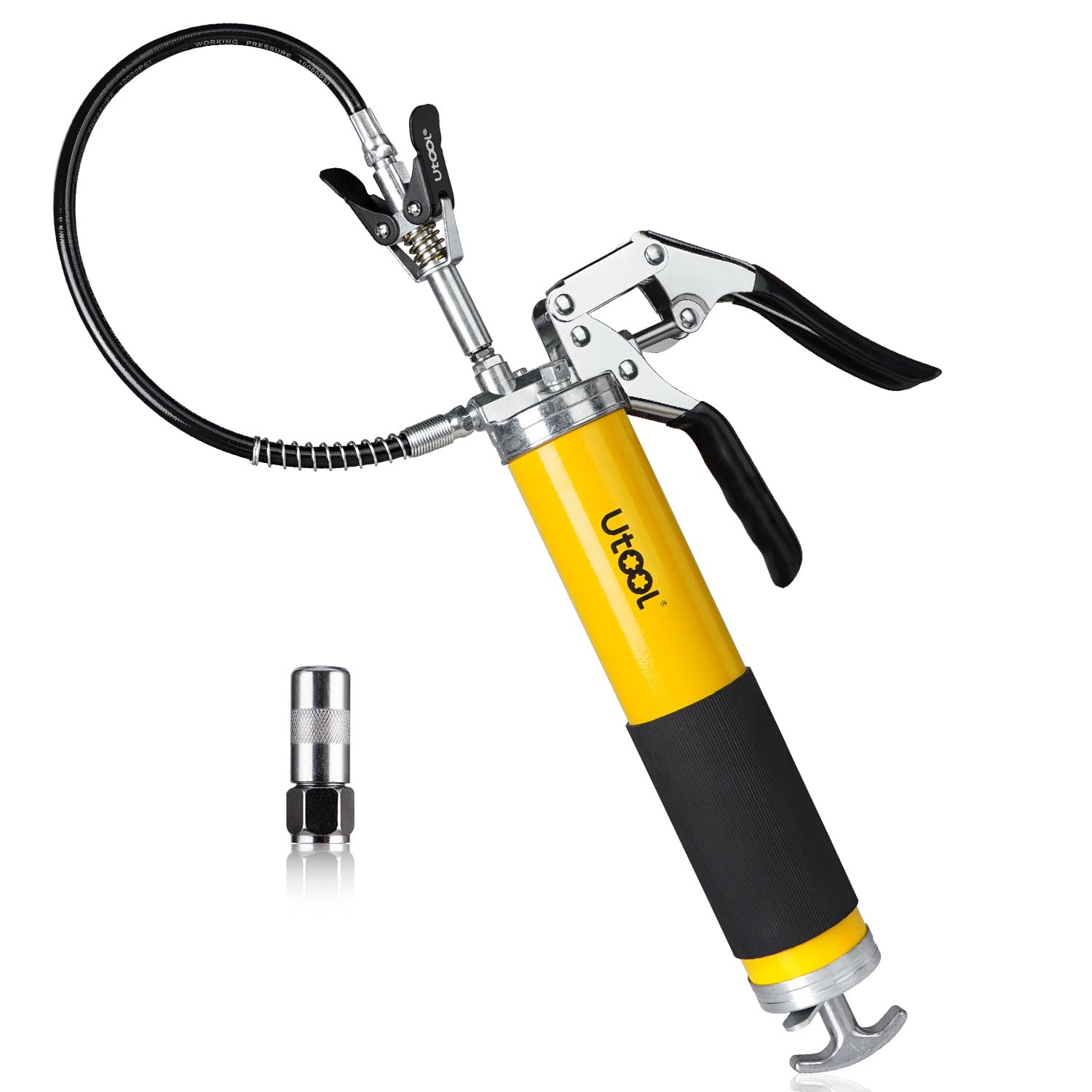 Photo 1 of UTOOL Grease Gun, 8000 PSI Heavy Duty Pistol Grip Grease Gun Kit with 14 oz Capacity, 18 Inch Resin Flex Hose, 1 Patented Double Handle Coupler, 1 Basic Coupler