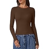 QINSEN Long Sleeve Shirts for Women Crewneck Rib Knit Slim Fit Going Out Tops Casual Basic Tee