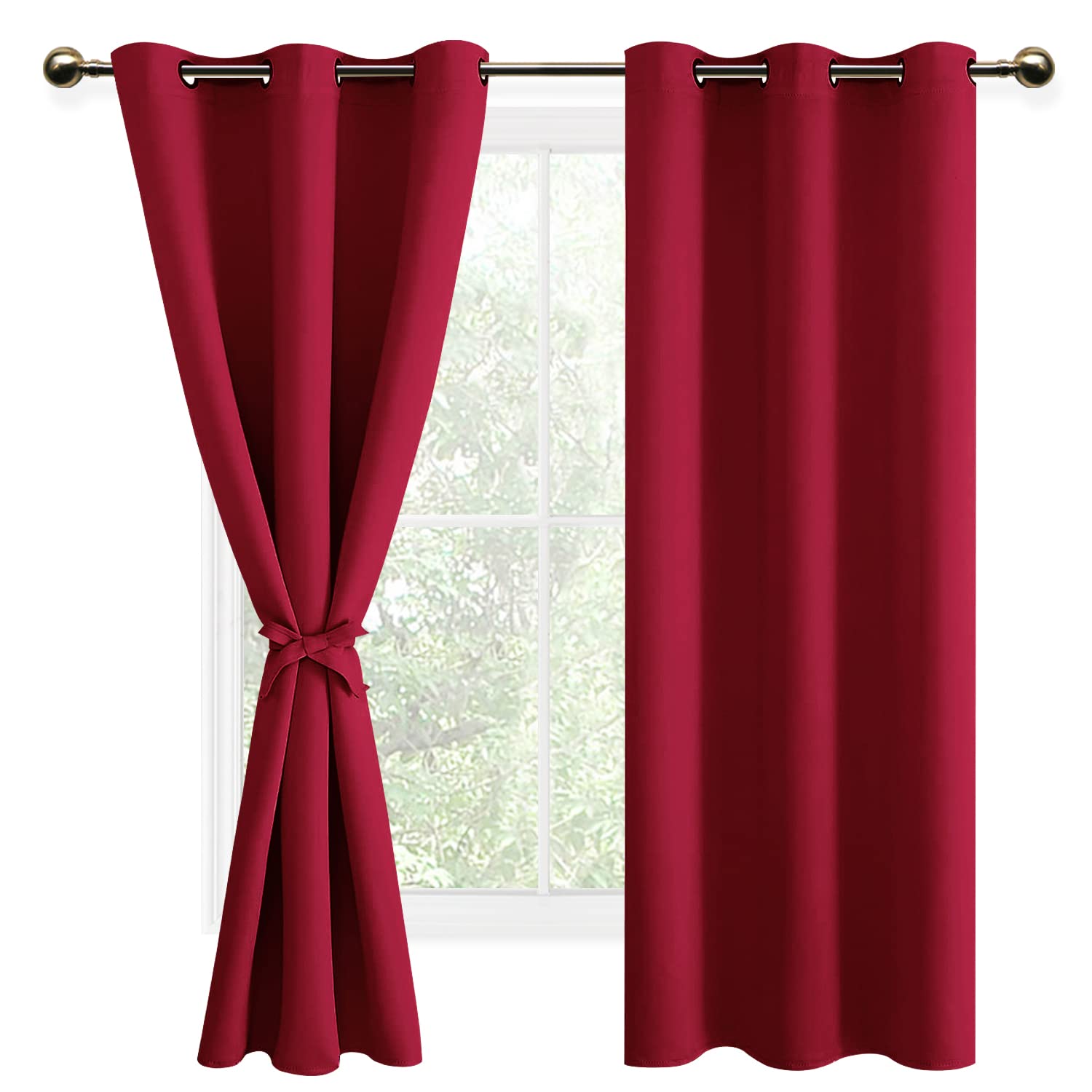 DWCN Red Blackout Curtains with Tiebacks for Bedroom Thermal Insulated Solid Eyelet Curtains for Living Room,2 Panels,46" Wide x 72" Drop — image 1