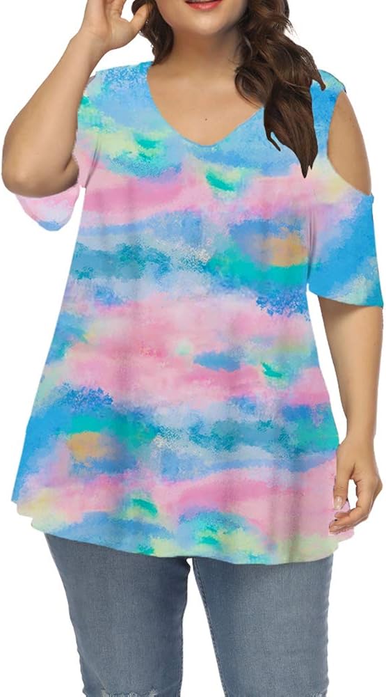 Allegrace Women's Plus Size Floral Printing Cold Shoulder Tunic Top Short Sleeve V Neck T Shirts at  Women’s Clothing store