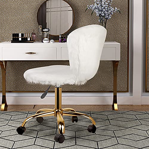 Cute Faux Fur Fuzzy White Small Makeup Vanity Chairs with Golden Base  Adjustable Armless Swivel Rolling Fluffy Furry Office Desk Chairs for Women 