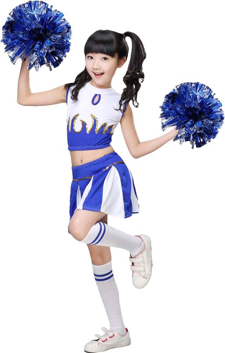 LOLANTA Girls Cheerleader Costume Cheerleading Children Dress Outfit Uniform with PomPoms(Blue, 5-6 years, Tag Size 120) — image 1