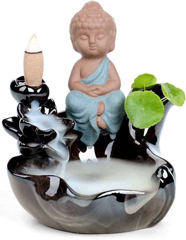 Red stoneware monk Buddha Guanyin lotus sandalwood backflow incense holders (B)