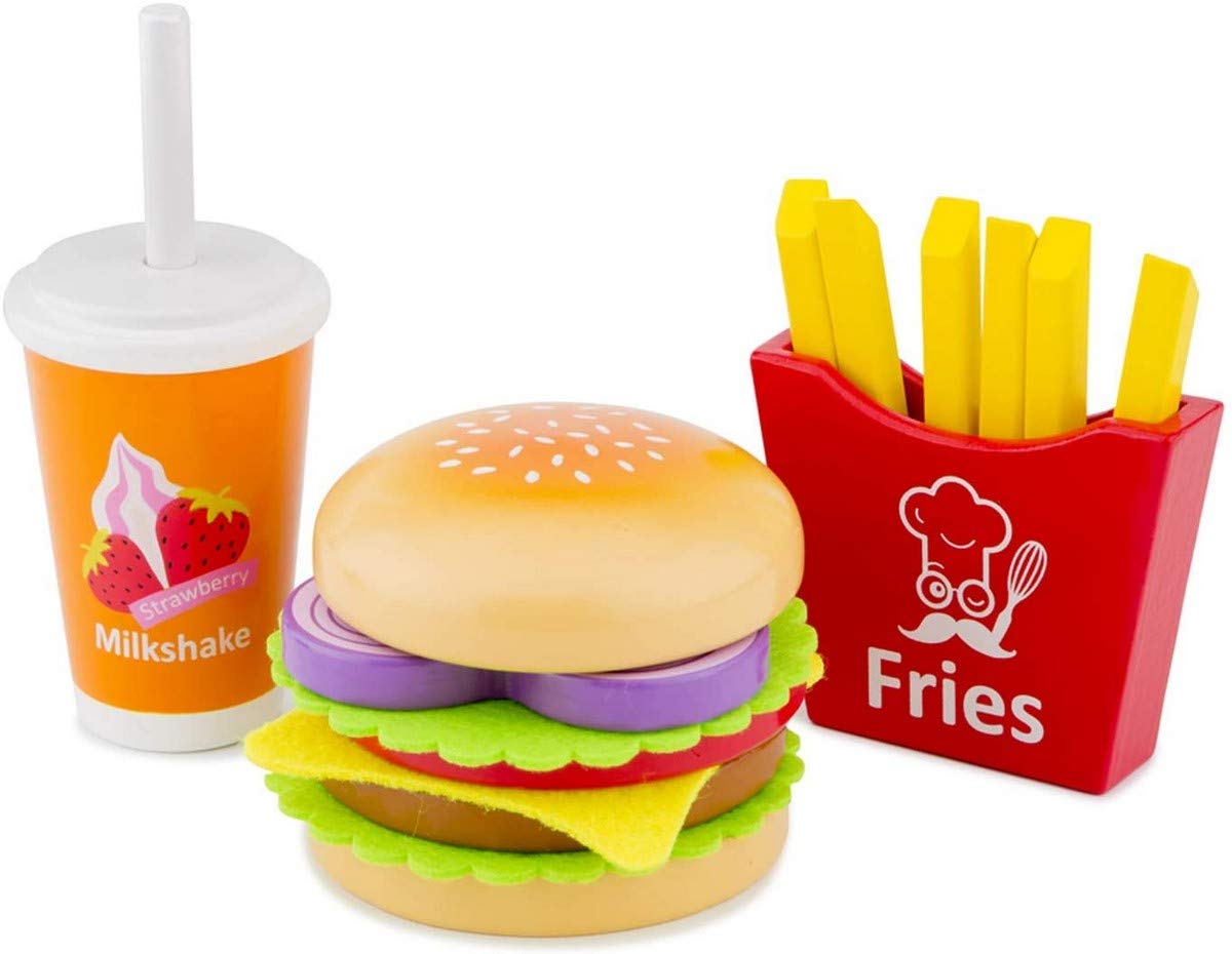 New Classic Toys Wooden Pretend Play Toy for Kids Fast Food Set Cooking Simulation Educational Toys and Color Perception Toy for Preschool Age Toddlers Boys Girls