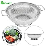 Qimh Stainless Steel Micro-perforated 6-Quart Colander Strainer with Heavy Duty Handle Ear Piercing and base, Strainer for Kitchen, Dishwasher Safe