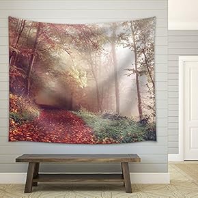Fall Landscape of Path Covered by Leaves Lead to Misty Forest - Fabric Wall Tapestry Home Decor - 51x60 inches