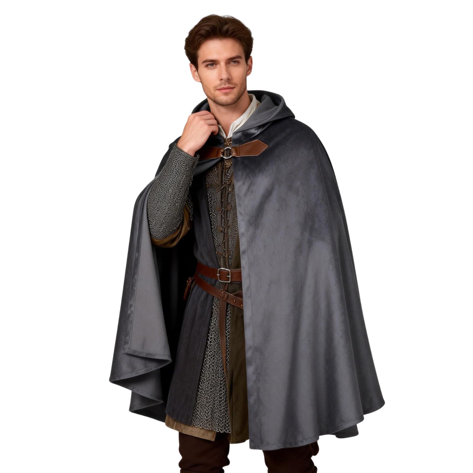 HAPNBCELE Adults Medieval Cloak with Hood, Renaissance Cape Costume Halloween Wizard Cosplay LARP Renaissance Fair RPG Party (Gray, 31.5“/80cm)