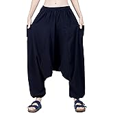 CandyHusky Women's Cotton Harem Pants with Pockets - Casual Elastic Waist Boho Pants, Soft Comfortable Travel & Daily Wear
