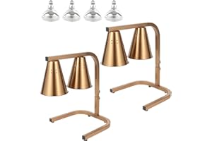 Restlrious 2 Sets of Food Heat Lamp Freestanding Commercial Dual-Head Food Warmer, Gold Frame Stainless Steel 120V Electric Fan-Shaped Lampshade Food Heat Lamp with 250W Bulbs Each Set, for Buffet Foo