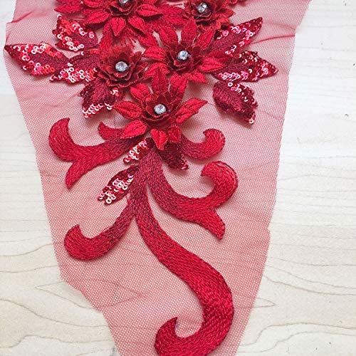 Exquisite 3D Flower Applique Beaded Sequined Crystal Floral Lace Patch Appliques Red Motif for Lyrical Dance Dress Craft Projects - Thumbnail 5
