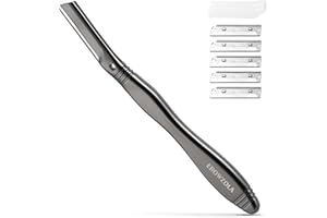 EROWZOLA Eyebrow Razor for Women and Men, Face Razors for Women, Dermaplane Razor with Protective Silicone Cover, Reusable Metal Handle with 6 Refill Blades, Skin Care Tool - Matte Black
