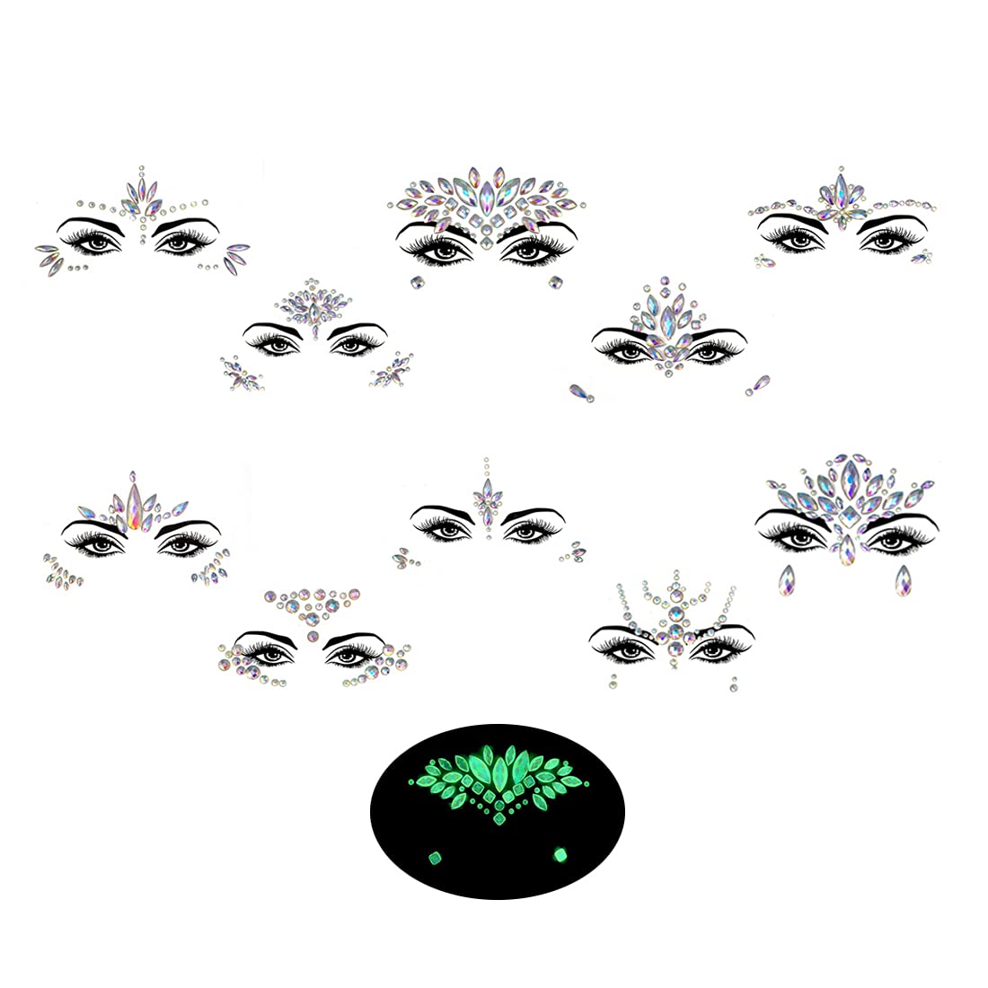10 Pieces Noctilucent Face Gems Luminous Mermaid Face Crystal Rhinestones Gems Stickers Temporary Tattoo Stickers for Halloween Cosplay Party, Rave Festival