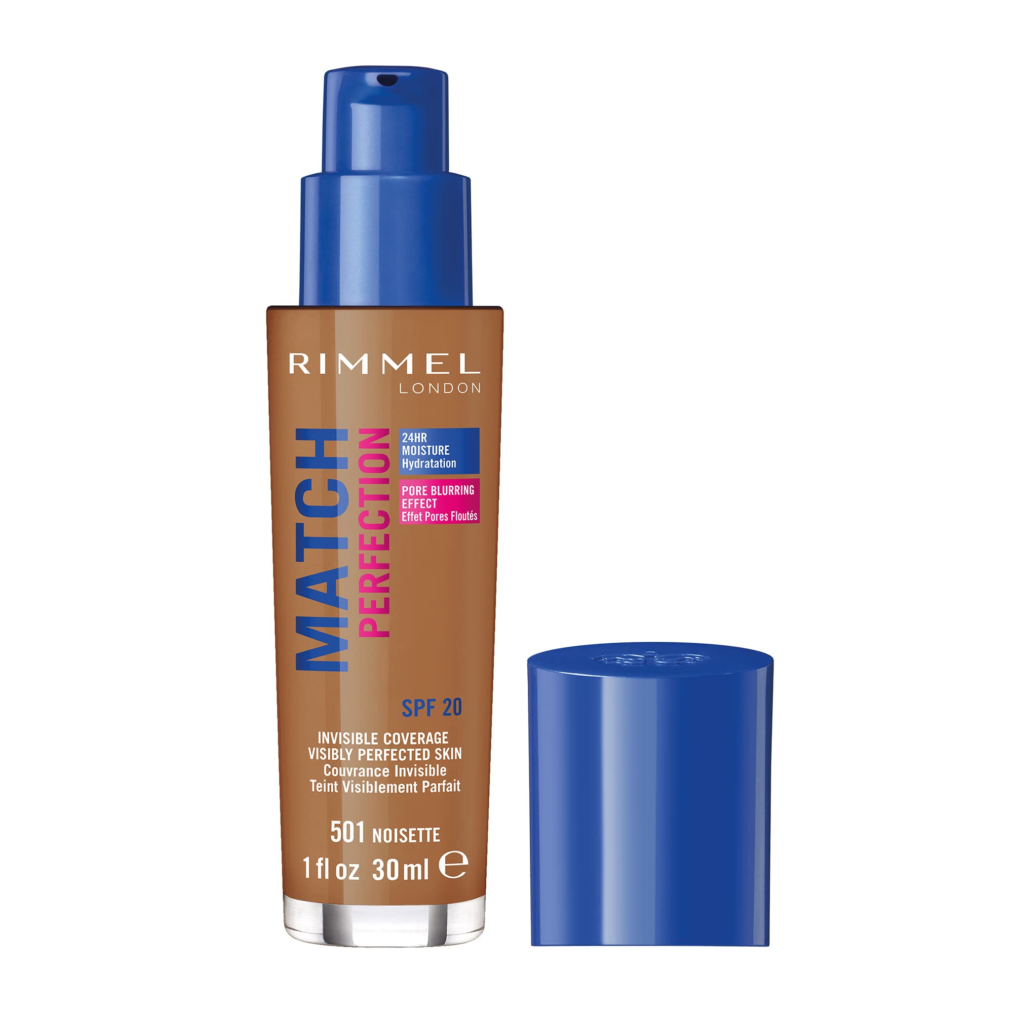 Rimmel Match Perfection Foundation 501 Noisette, Medium Coverage, 24hr Hydration, No Caking or Creasing, Lightweight, Reduces Imperfections, Invisible Coverage, SPF20, Cruelty Free