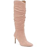 Coutgo Womens Knee High Boots Faux Suede Almond Toe Stiletto High Heel Slouchy Side Zipper Booties