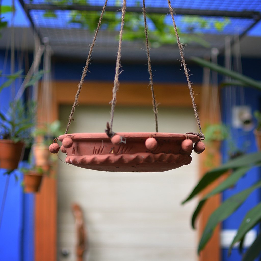 Mybageecha Flat Hanging Terracotta Planter Bird Feeder Brown