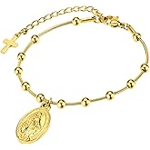 18K Gold Over Sterling Silver Italian Rosary Cross Bead Charm Link Bracelet for Women, Adjustable 925 Silver Made in Italy