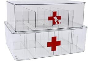 Xbopetda First Aid Box and Pet Frist Aid Storage Bin, Acrylic Medicine Kit Case Organizer Empty, Divided First Aid Storage Box Kit with Hinge Lid, Emergency Kit Storage Box for Family and Pet (Clear)