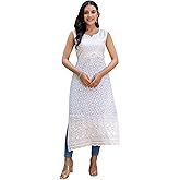 JG JAI GOVINDAM Pure Cotton Sleeveless Lucknowi Chikankari Kurtis For Women Indian Style Casual Long White Straight Kurti