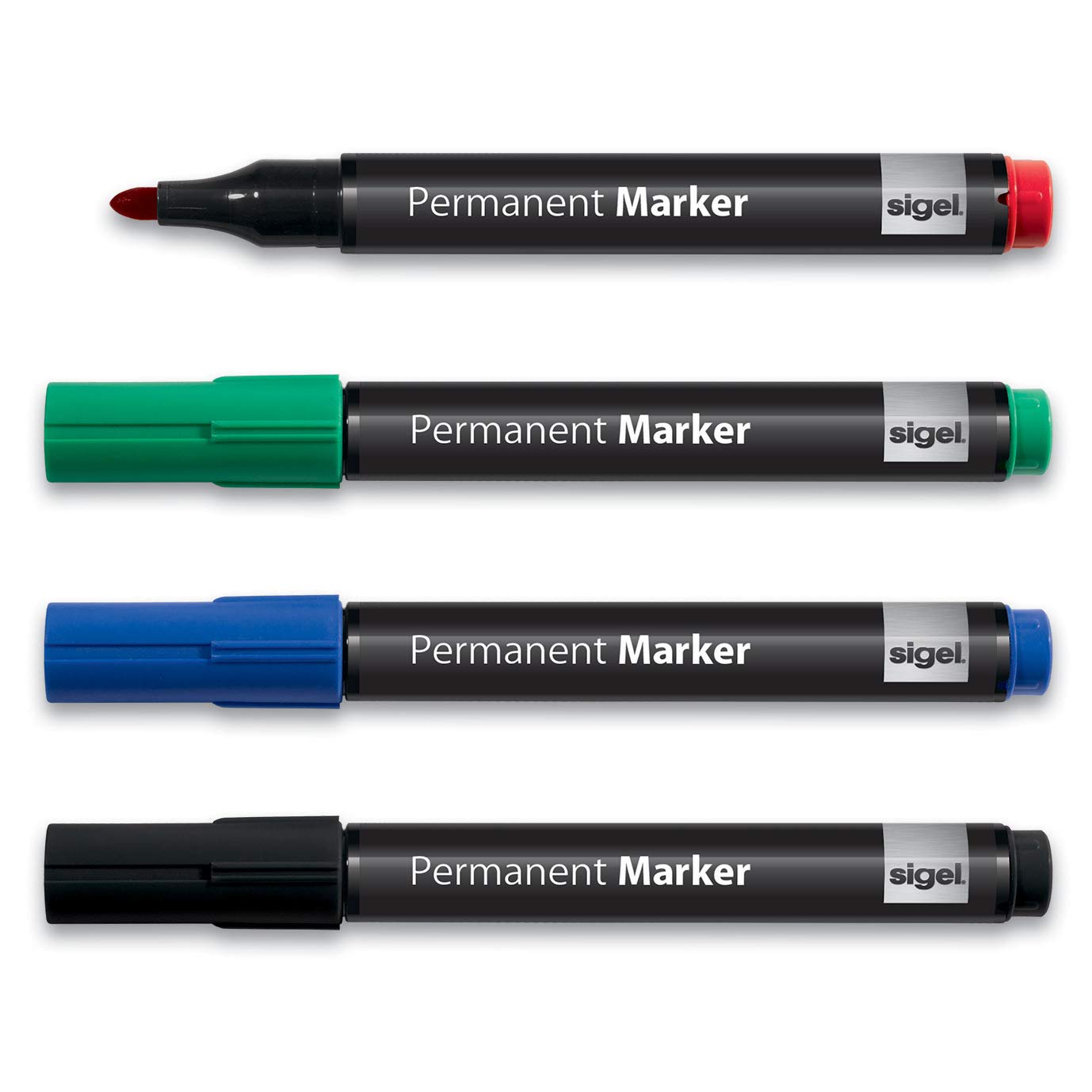 SIGEL MU182 Permanent Markers, round 1-3 mm nib, Black/Red/Blue/Green, 4 Pieces