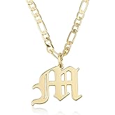 Beleco 14k Gold Plated Initial Pendant Necklace for Women – A-Z Letter Necklace with Figaro Chain, Old English Personalized Gold Alphabet Charm Jewelry