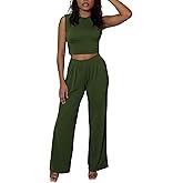 Ulovmi Two Piece Lounge Sets For Women Summer sleeveless Crop T-shirt Wide Leg Pant Sets Tracksuit 2026